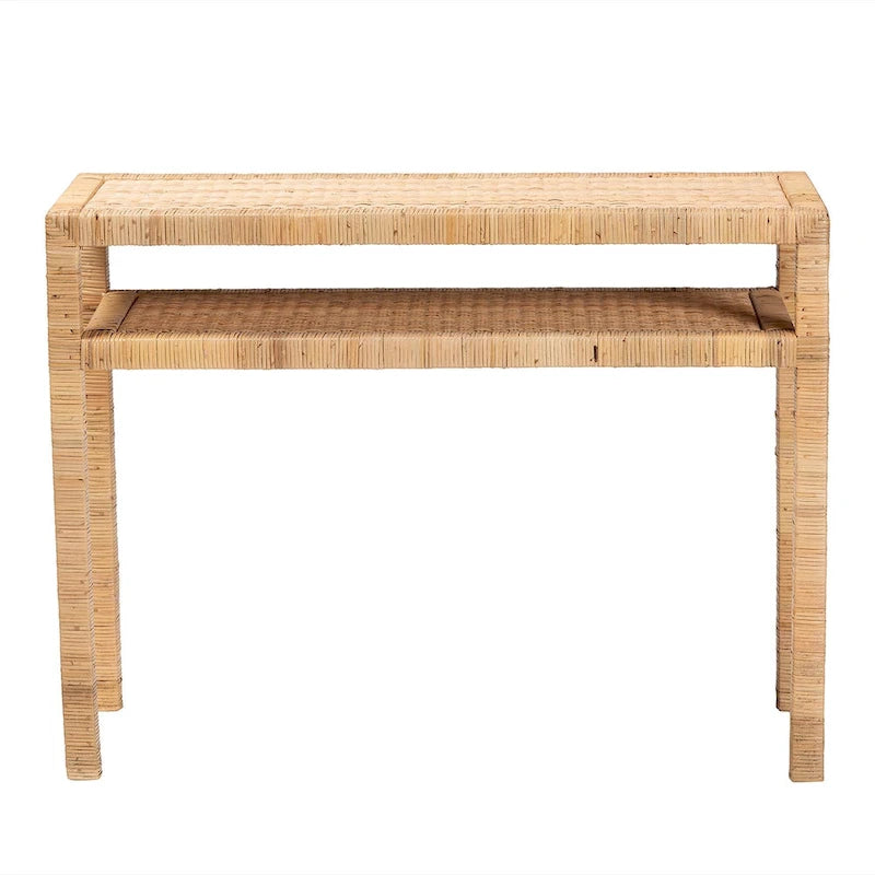 Console en bois d'acacia et rotin bohème miel clair
