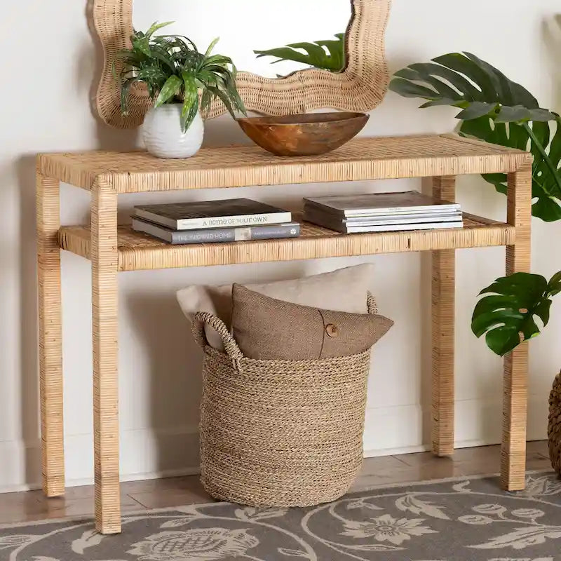 Console en bois d'acacia et rotin bohème miel clair