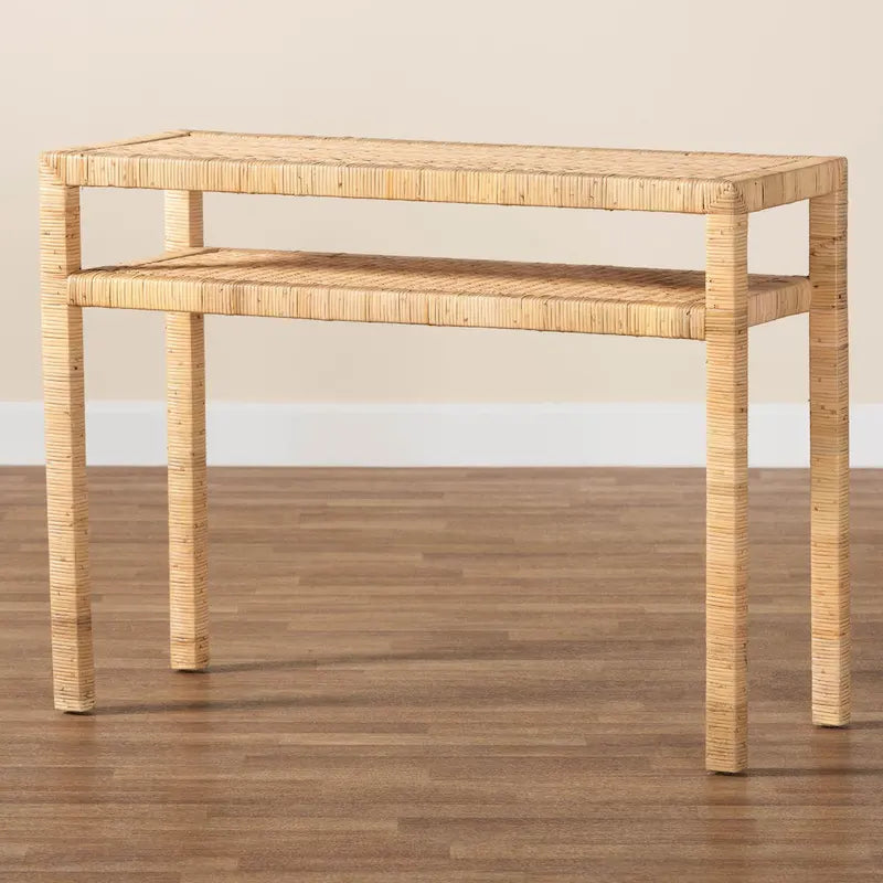 Console en bois d'acacia et rotin bohème miel clair