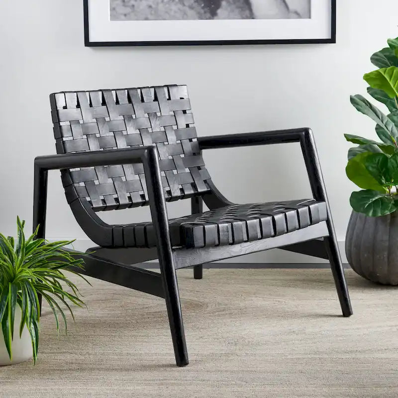 Fauteuil d'appoint en cuir tressé noir / cognac / blanc – Une place