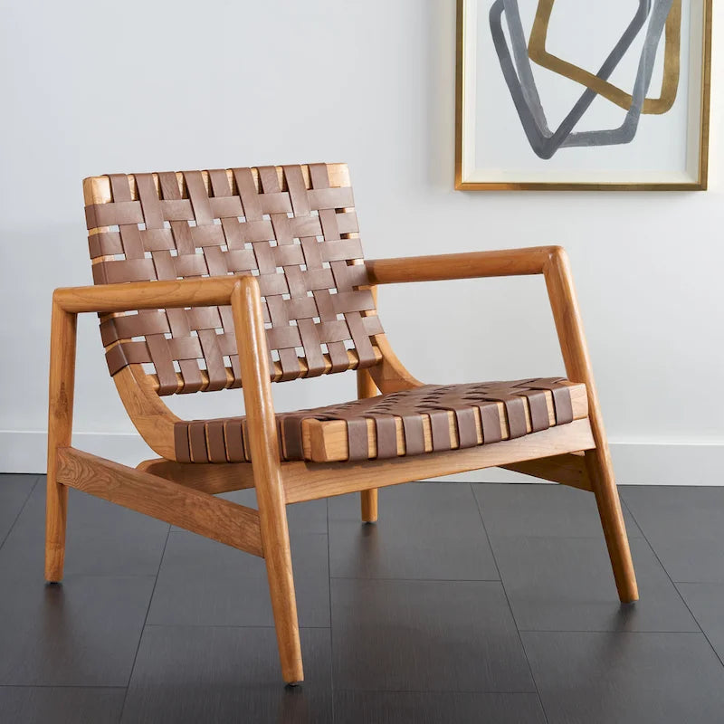 Fauteuil d'appoint en cuir tressé noir / cognac / blanc – Une place