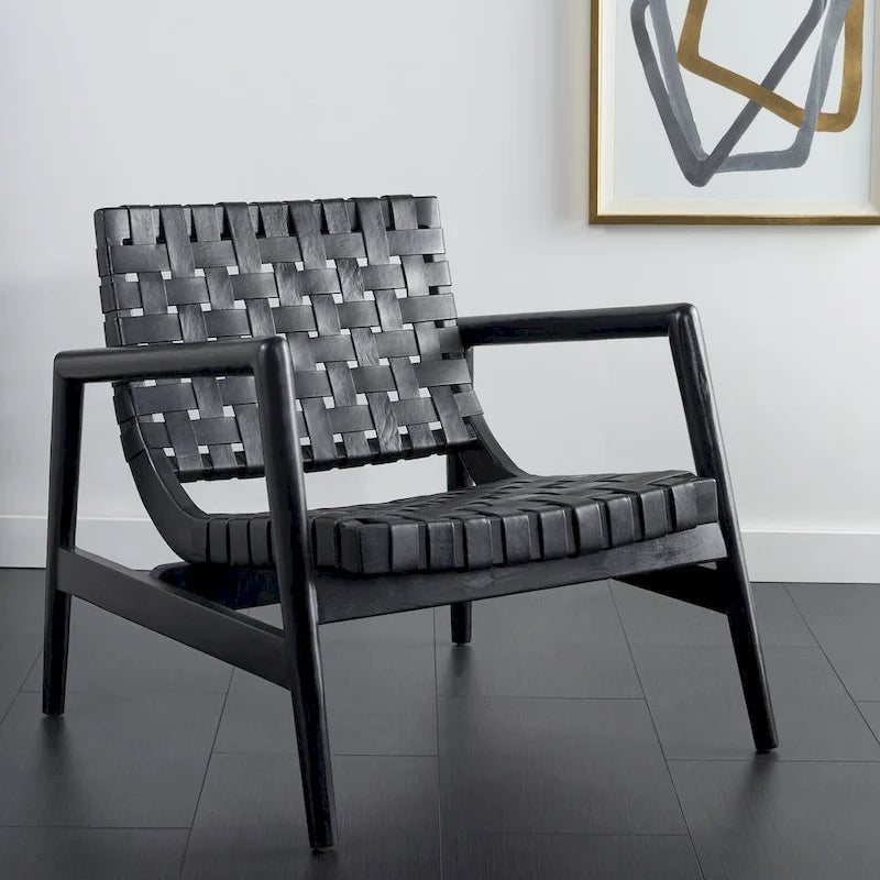Fauteuil d'appoint en cuir tressé noir / cognac / blanc – Une place