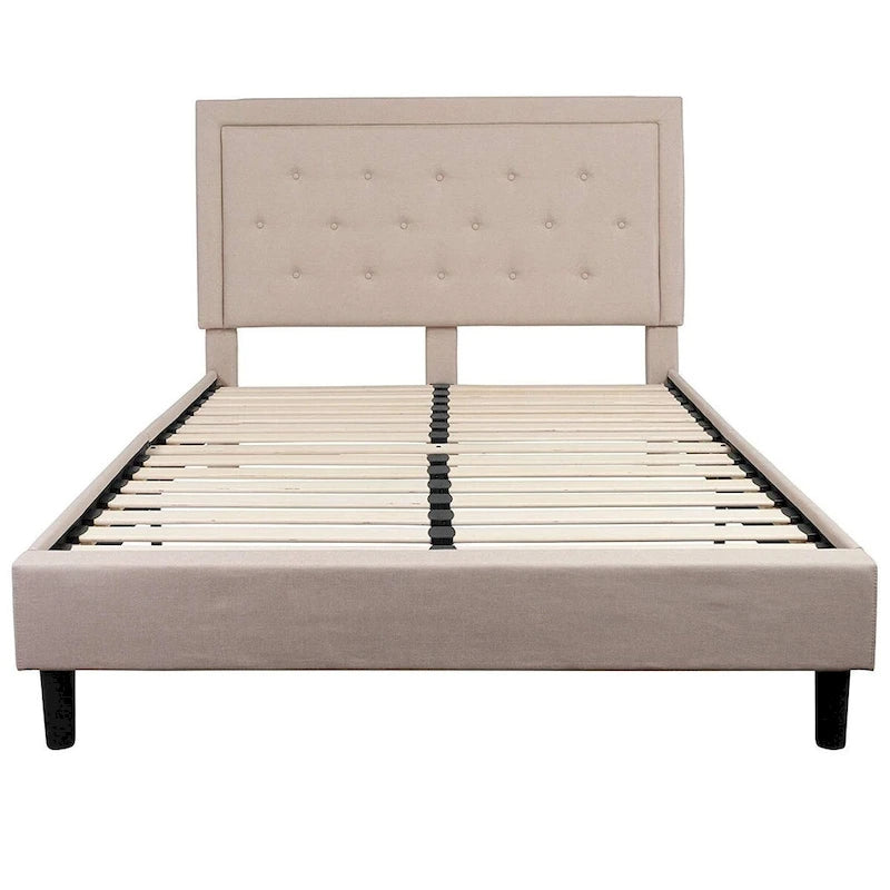 Lit Plateforme capitonné Queen Beige avec Tête de Lit Capitonnée