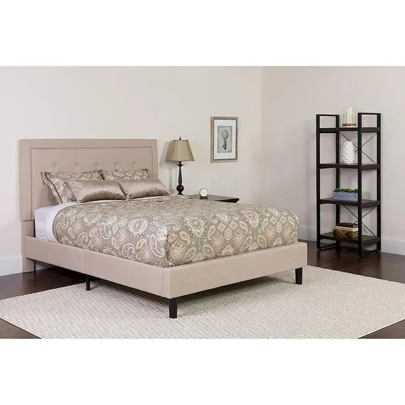 Lit Plateforme capitonné Queen Beige avec Tête de Lit Capitonnée