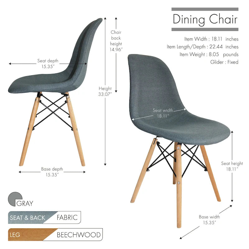 Chaise de salle à manger sans accoudoirs, en tissu gris/bleu, 1 place