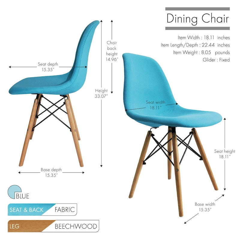 Chaise de salle à manger sans accoudoirs, en tissu gris/bleu, 1 place