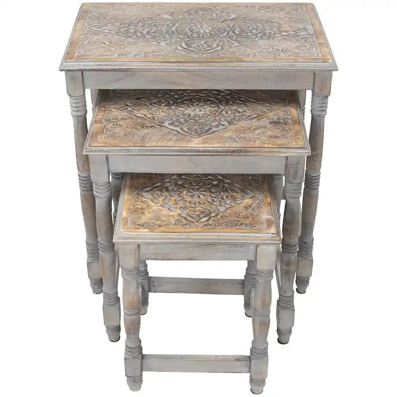 Set of 3 Matte Gray Etched Stackable Nesting Side Tables 24