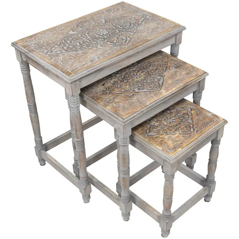 Ensemble de 3 tables gigognes d'appoint grises mattes gravées empilables 24