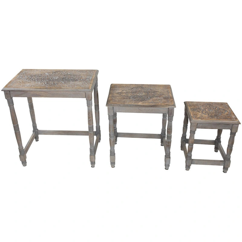 Ensemble de 3 tables gigognes d'appoint grises mattes gravées empilables 24