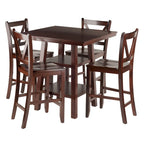 Ensemble de 5 pièces : Table haute et tabourets de bar à dossier en V, Noyer