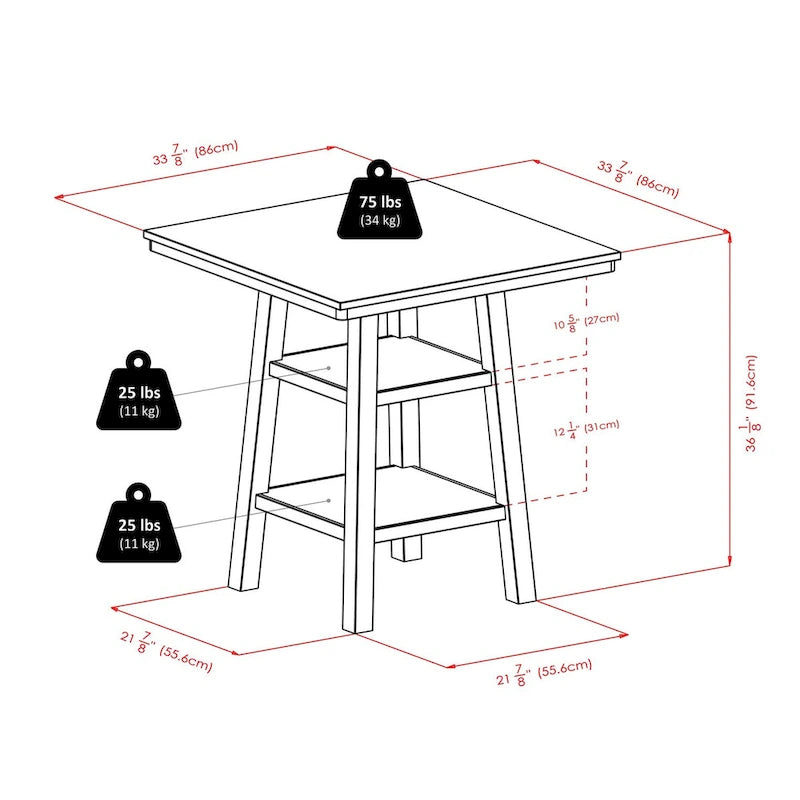 Ensemble de 5 pièces : Table haute et tabourets de bar à dossier en V, Noyer