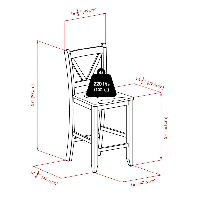 Ensemble de 5 pièces : Table haute et tabourets de bar à dossier en V, Noyer