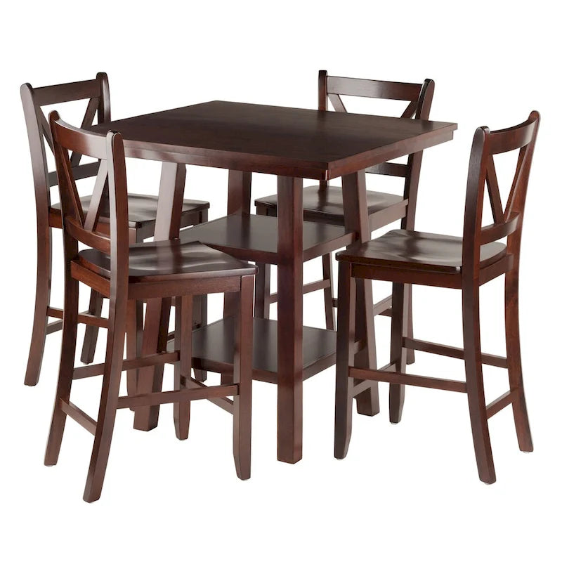Ensemble de 5 pièces : Table haute et tabourets de bar à dossier en V, Noyer