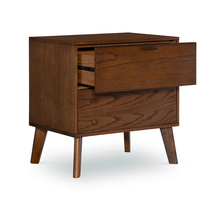 Table de chevet à 2 tiroirs marron avec poignées en bronze