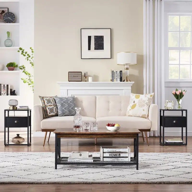VECELO (Lot de 2) Table de chevet moderne à 1 tiroir avec étagères en verre à 2 niveaux