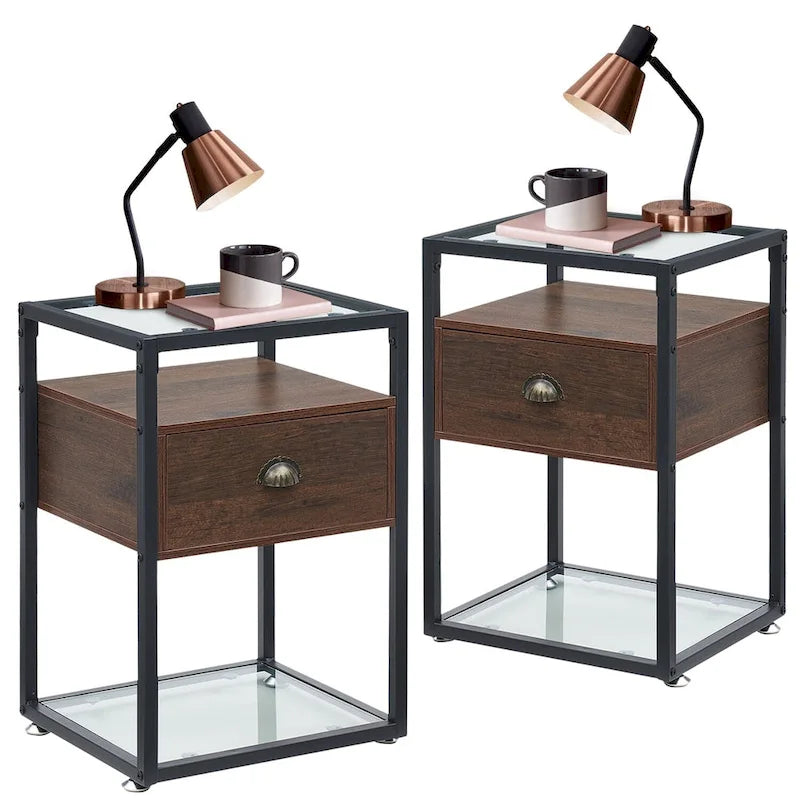 VECELO (Lot de 2) Table de chevet moderne à 1 tiroir avec étagères en verre à 2 niveaux