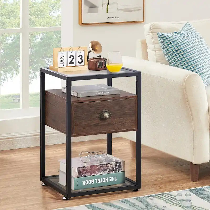 VECELO (Lot de 2) Table de chevet moderne à 1 tiroir avec étagères en verre à 2 niveaux