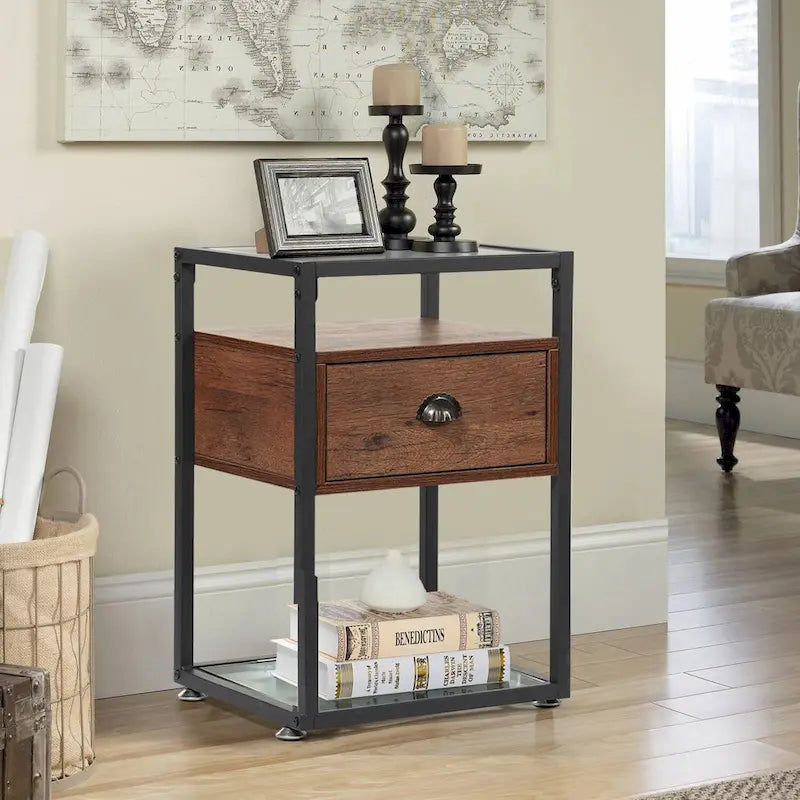 VECELO (Lot de 2) Table de chevet moderne à 1 tiroir avec étagères en verre à 2 niveaux