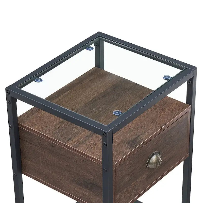 VECELO (Lot de 2) Table de chevet moderne à 1 tiroir avec étagères en verre à 2 niveaux