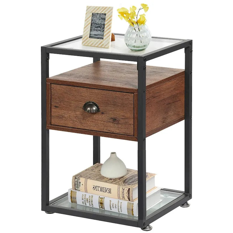 VECELO (Lot de 2) Table de chevet moderne à 1 tiroir avec étagères en verre à 2 niveaux