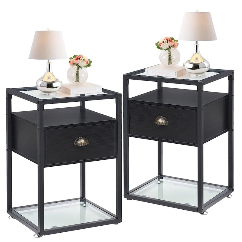 VECELO (Lot de 2) Table de chevet moderne à 1 tiroir avec étagères en verre à 2 niveaux