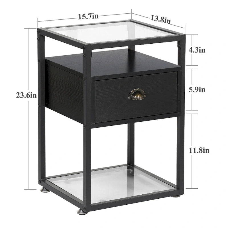 VECELO (Lot de 2) Table de chevet moderne à 1 tiroir avec étagères en verre à 2 niveaux