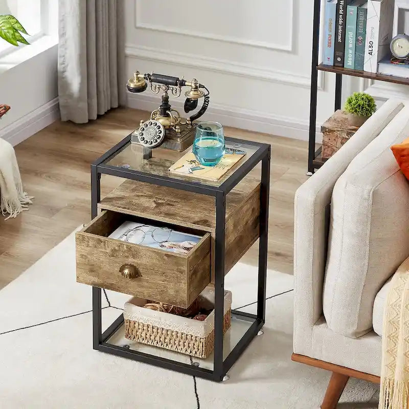 VECELO (Lot de 2) Table de chevet moderne à 1 tiroir avec étagères en verre à 2 niveaux