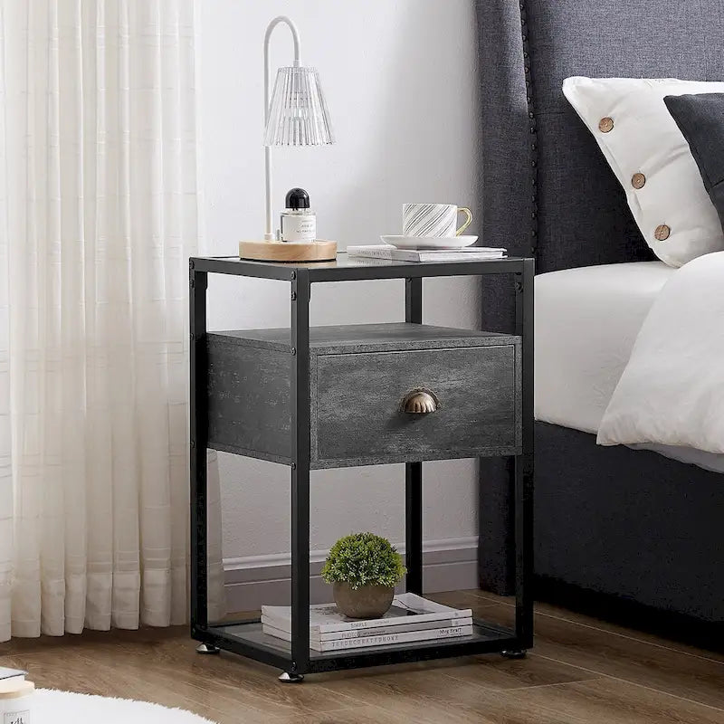 VECELO (Lot de 2) Table de chevet moderne à 1 tiroir avec étagères en verre à 2 niveaux