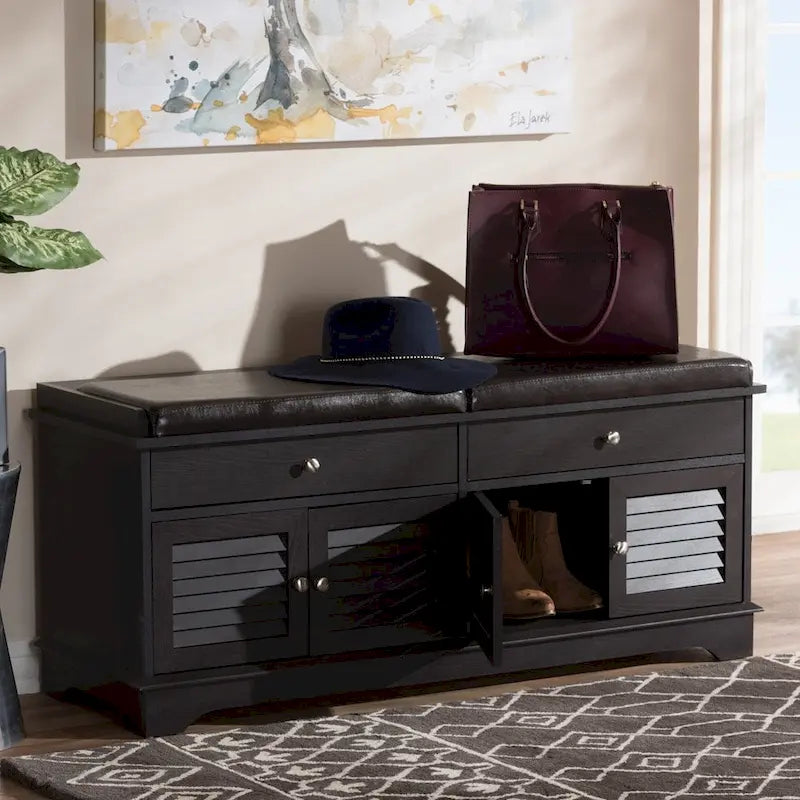 Banc de rangement pour chaussures à 2 tiroirs en bois marron foncé Leo, style moderne et contemporain – 52,5 cm de haut x 120,5 cm de large x 39,7 cm de profondeur