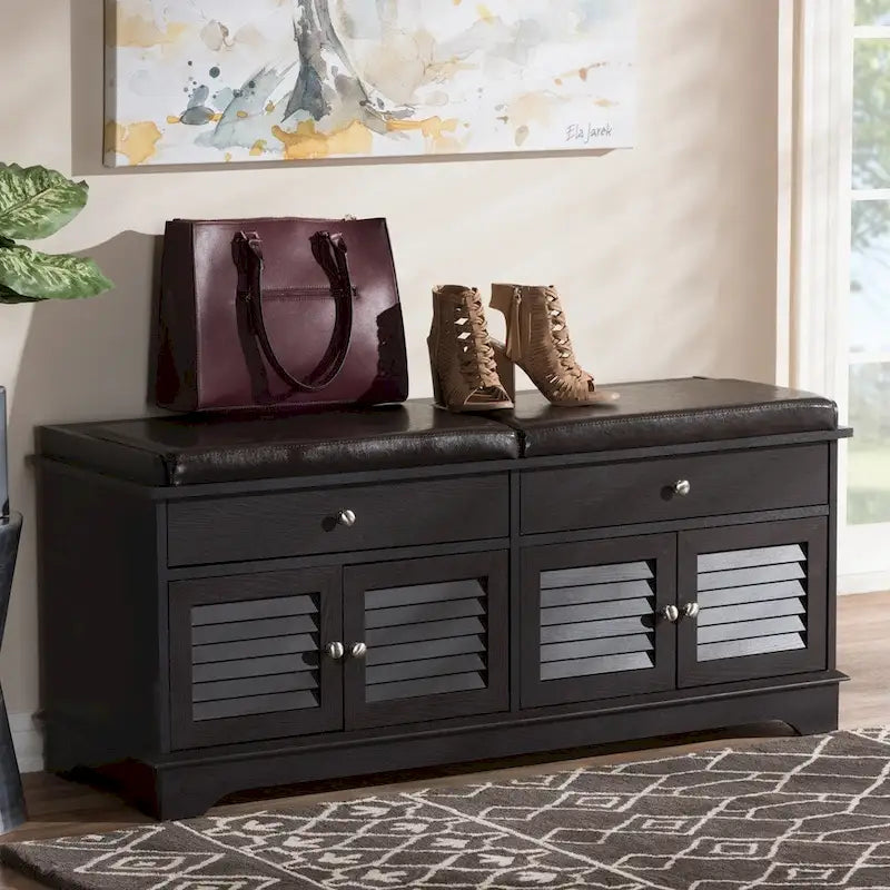 Banc de rangement pour chaussures à 2 tiroirs en bois marron foncé Leo, style moderne et contemporain – 52,5 cm de haut x 120,5 cm de large x 39,7 cm de profondeur