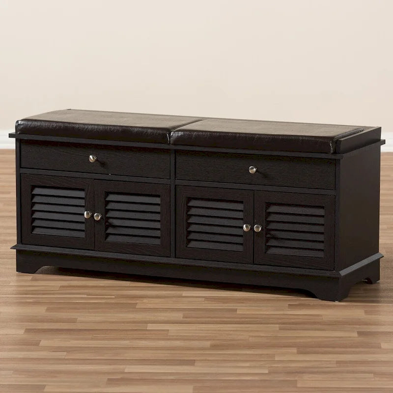 Banc de rangement pour chaussures à 2 tiroirs en bois marron foncé Leo, style moderne et contemporain – 52,5 cm de haut x 120,5 cm de large x 39,7 cm de profondeur
