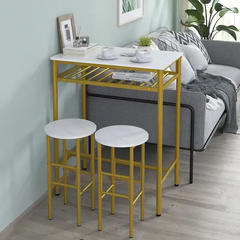 Elephance – Ensemble table de bar 3 pièces, table de salle à manger hauteur comptoir, table de bistrot avec 2 tabourets et étagère de rangement ouverte