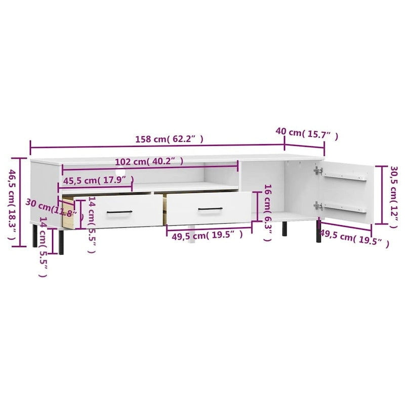 vidaXL Meuble TV Meuble console TV avec pieds en métal Bois de pin massif OSLO - 158 x 40 x 46,5 cm