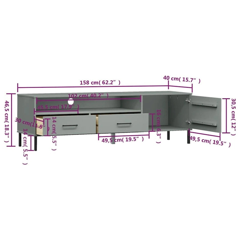 vidaXL Meuble TV Meuble console TV avec pieds en métal Bois de pin massif OSLO - 158 x 40 x 46,5 cm
