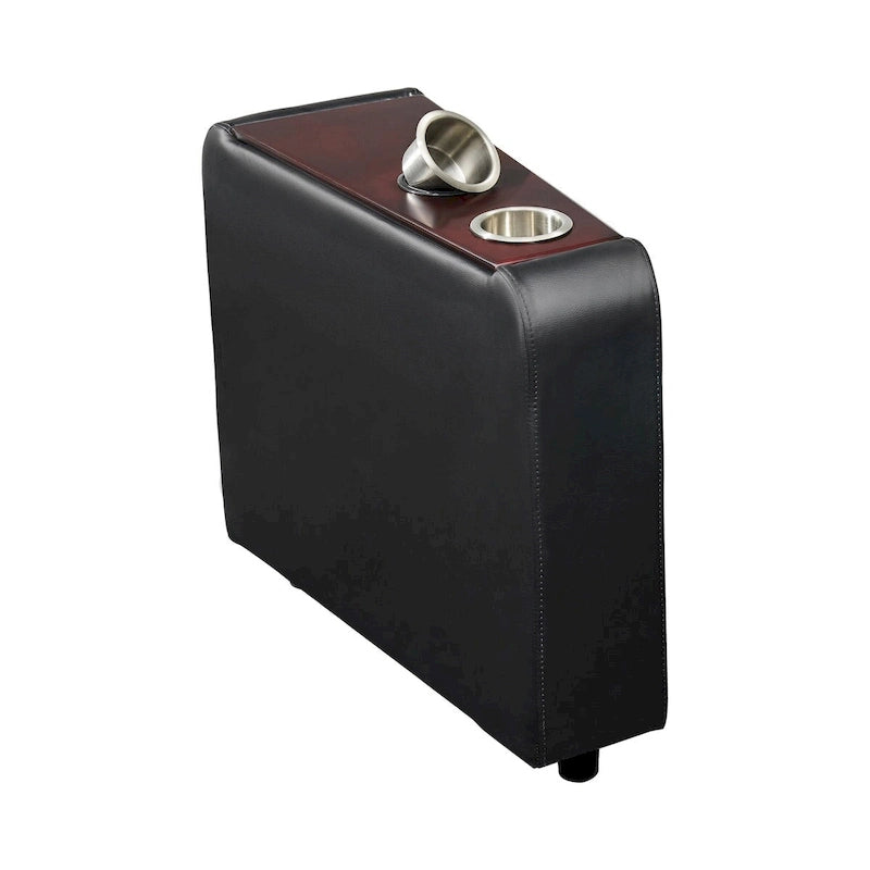 Console en similicuir avec 2 porte-gobelets métalliques amovibles, noire et argentée - 25 H x 9,5 W x 28,75 L pouces