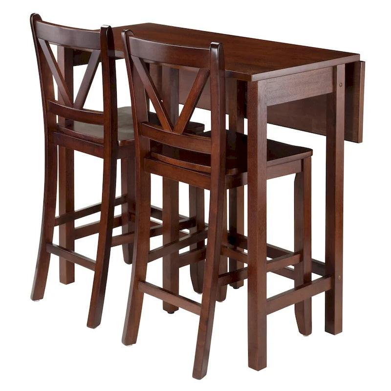 Ensemble table de bar à rabats en noyer pour 2, tabourets à dossier en V