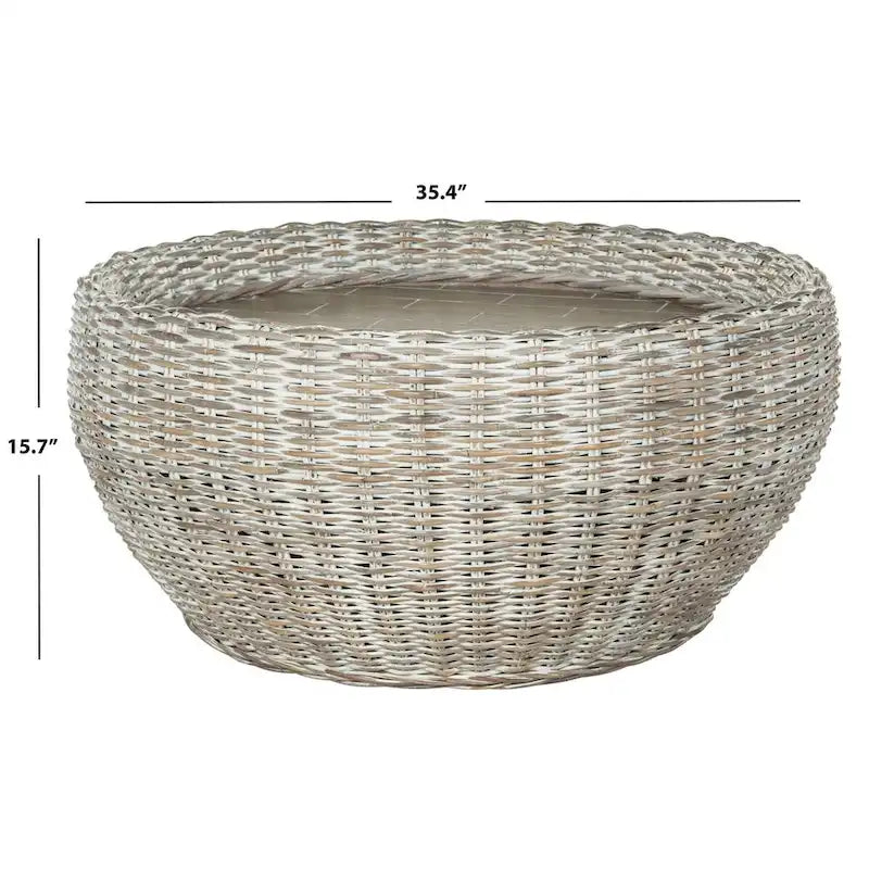 Table Basse Tambour en Osier avec Plateau en Bois Alfia de SAFAVIEH - 35,4 x 35,4 x 15,7 - 35Lx35Px16H