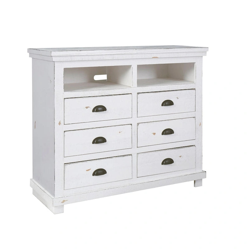 Commode TV Willow en pin massif, blanc vieilli