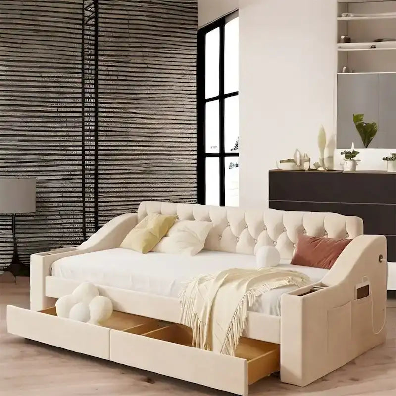 Lit de repos jumeau en velours beige/gris avec tiroirs de rangement et ports USB – 1 personne