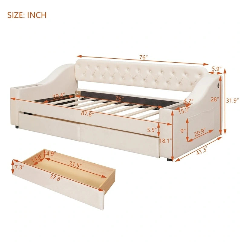 Lit de repos jumeau en velours beige/gris avec tiroirs de rangement et ports USB – 1 personne