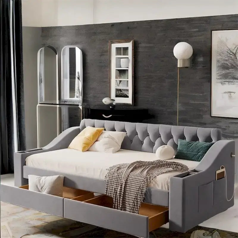 Lit de repos jumeau en velours beige/gris avec tiroirs de rangement et ports USB – 1 personne
