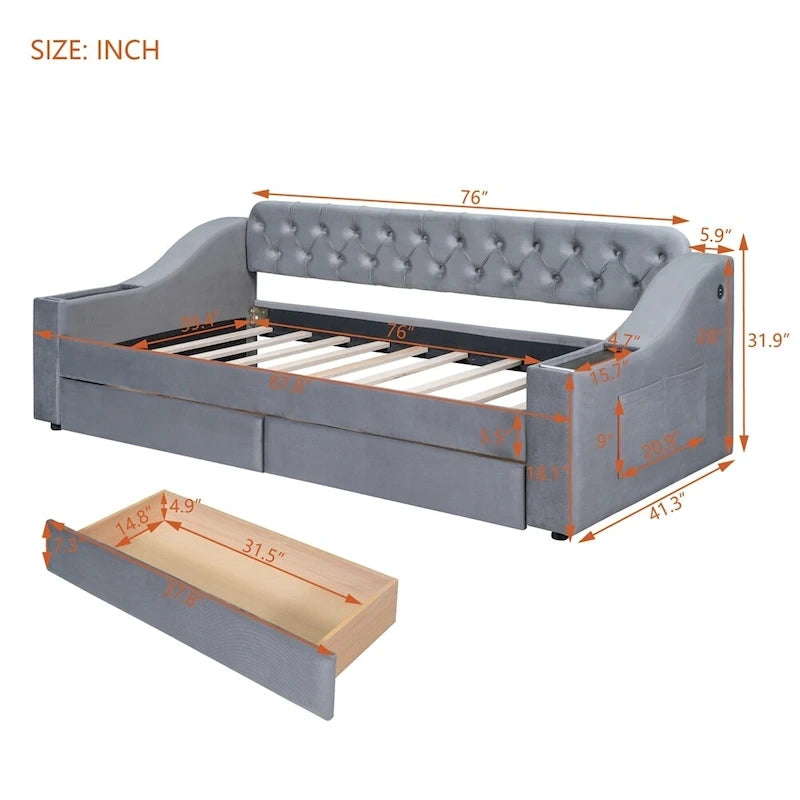 Lit de repos jumeau en velours beige/gris avec tiroirs de rangement et ports USB – 1 personne