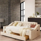 Lit de repos jumeau en velours beige/gris avec tiroirs de rangement et ports USB – 1 personne