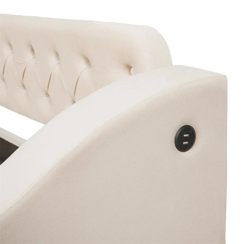 Lit de repos jumeau en velours beige/gris avec tiroirs de rangement et ports USB – 1 personne