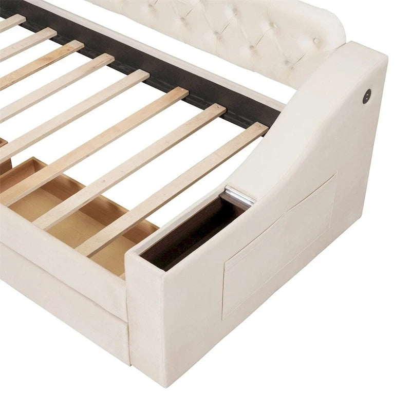 Lit de repos jumeau en velours beige/gris avec tiroirs de rangement et ports USB – 1 personne