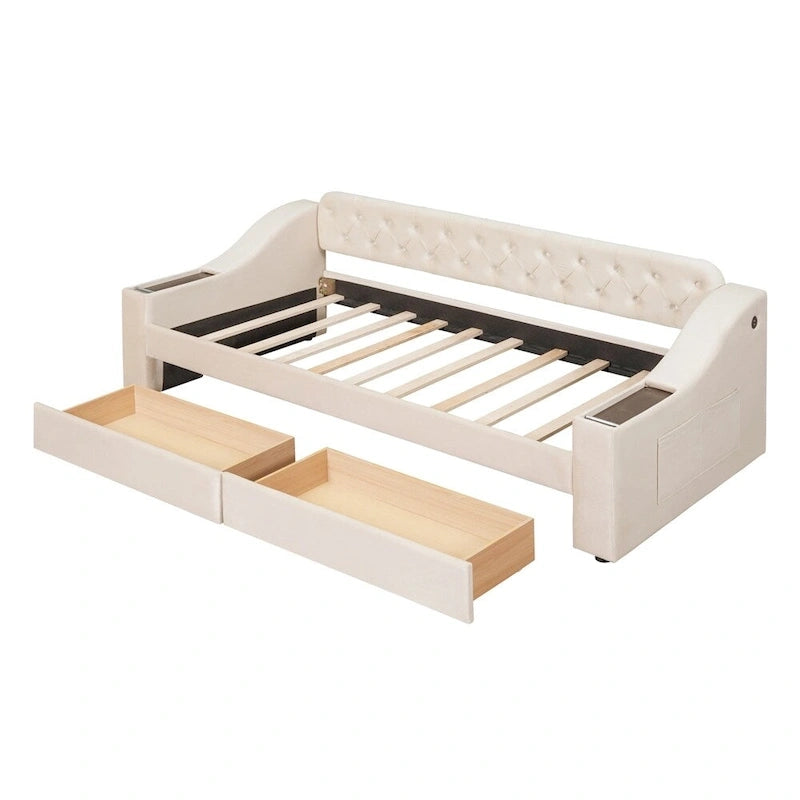 Lit de repos jumeau en velours beige/gris avec tiroirs de rangement et ports USB – 1 personne