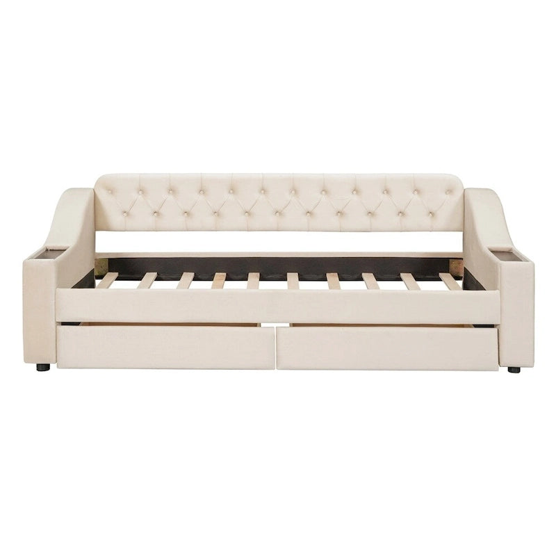 Lit de repos jumeau en velours beige/gris avec tiroirs de rangement et ports USB – 1 personne
