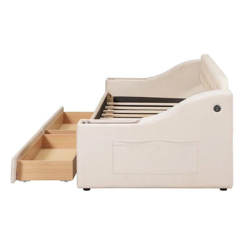 Lit de repos jumeau en velours beige/gris avec tiroirs de rangement et ports USB – 1 personne