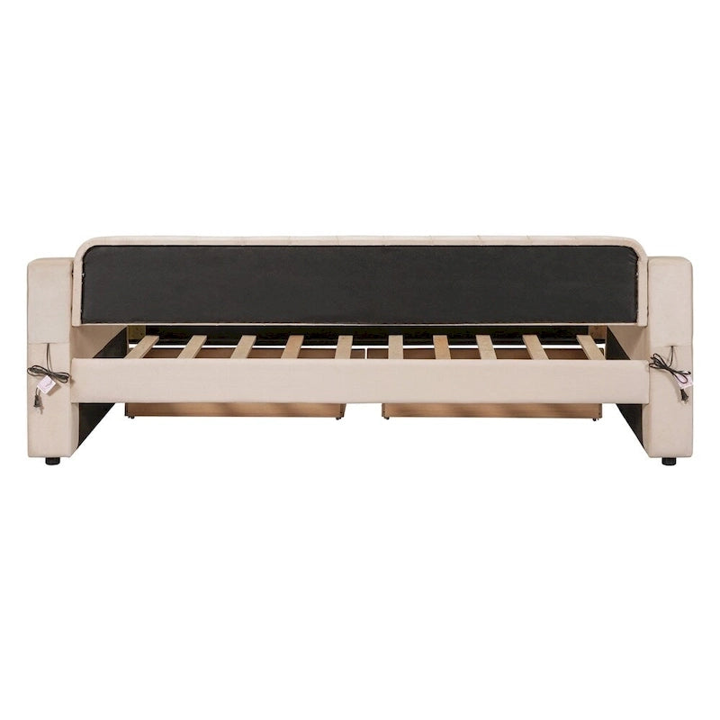 Lit de repos jumeau en velours beige/gris avec tiroirs de rangement et ports USB – 1 personne