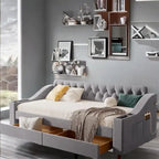 Lit de repos jumeau en velours beige/gris avec tiroirs de rangement et ports USB – 1 personne